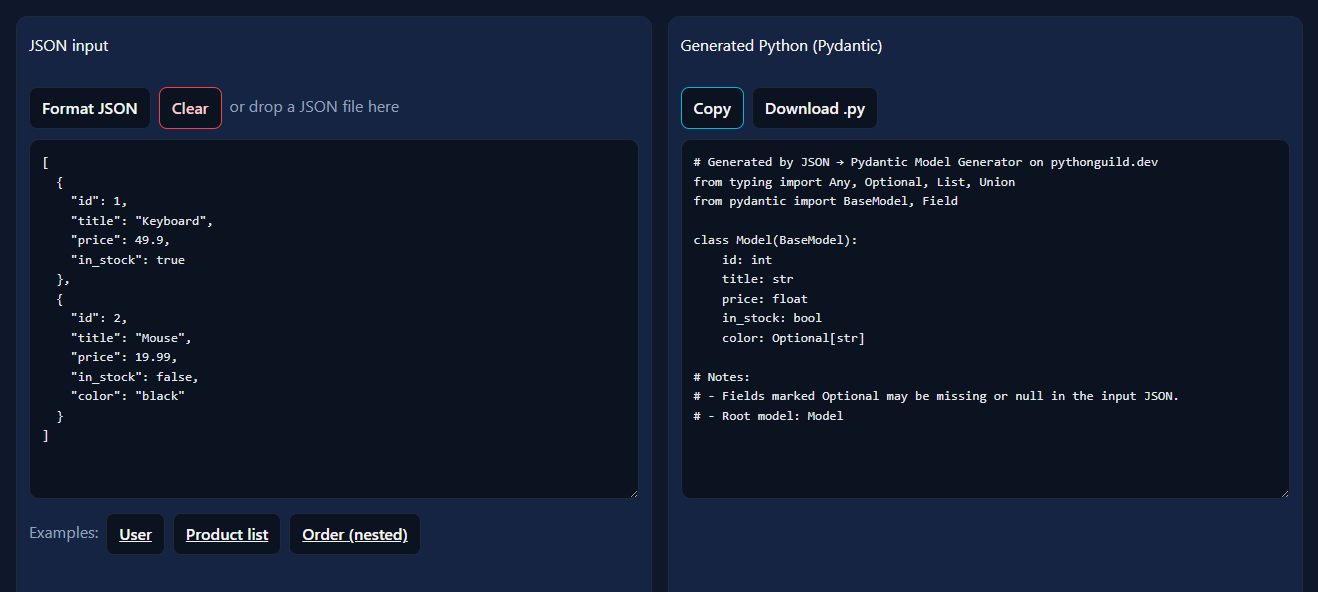 JSON to Pydantic Model Generator (v1 & v2)